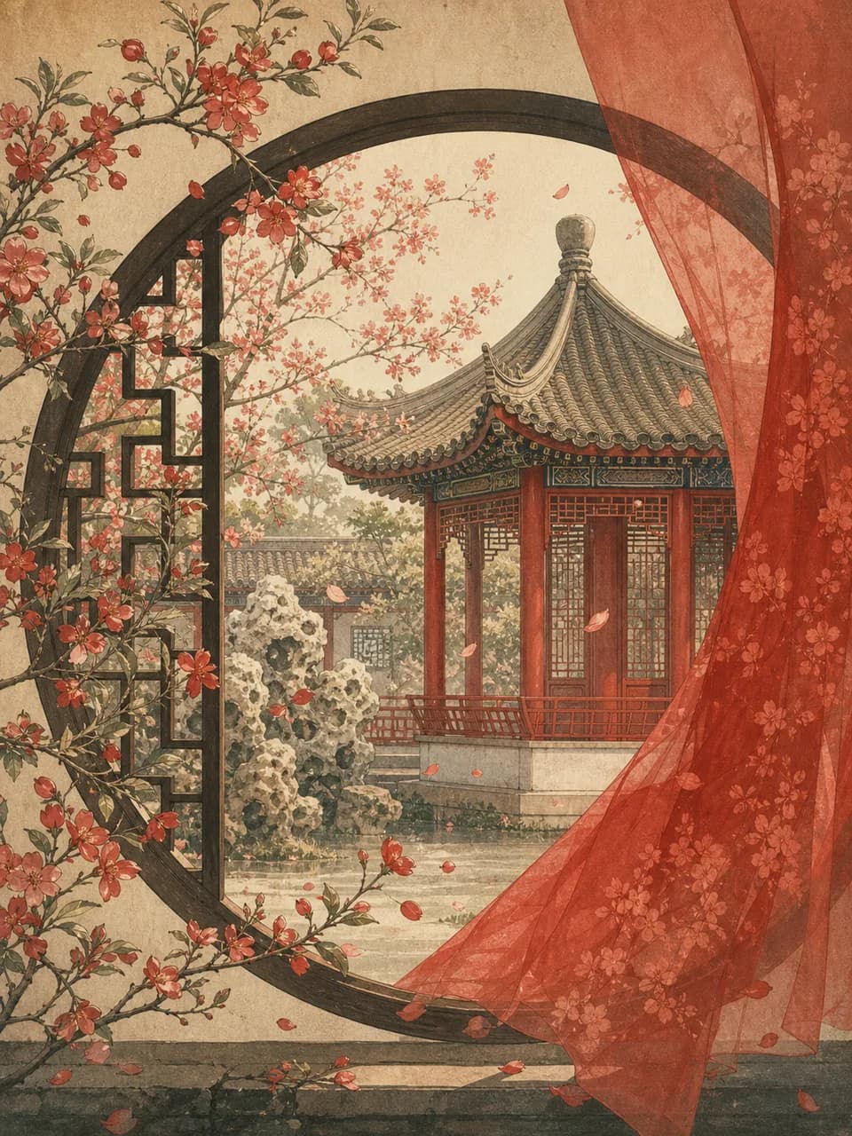 圆窗外的红色亭院与落花