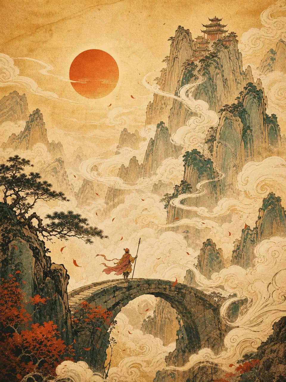 持长杖的行者穿过云海石桥