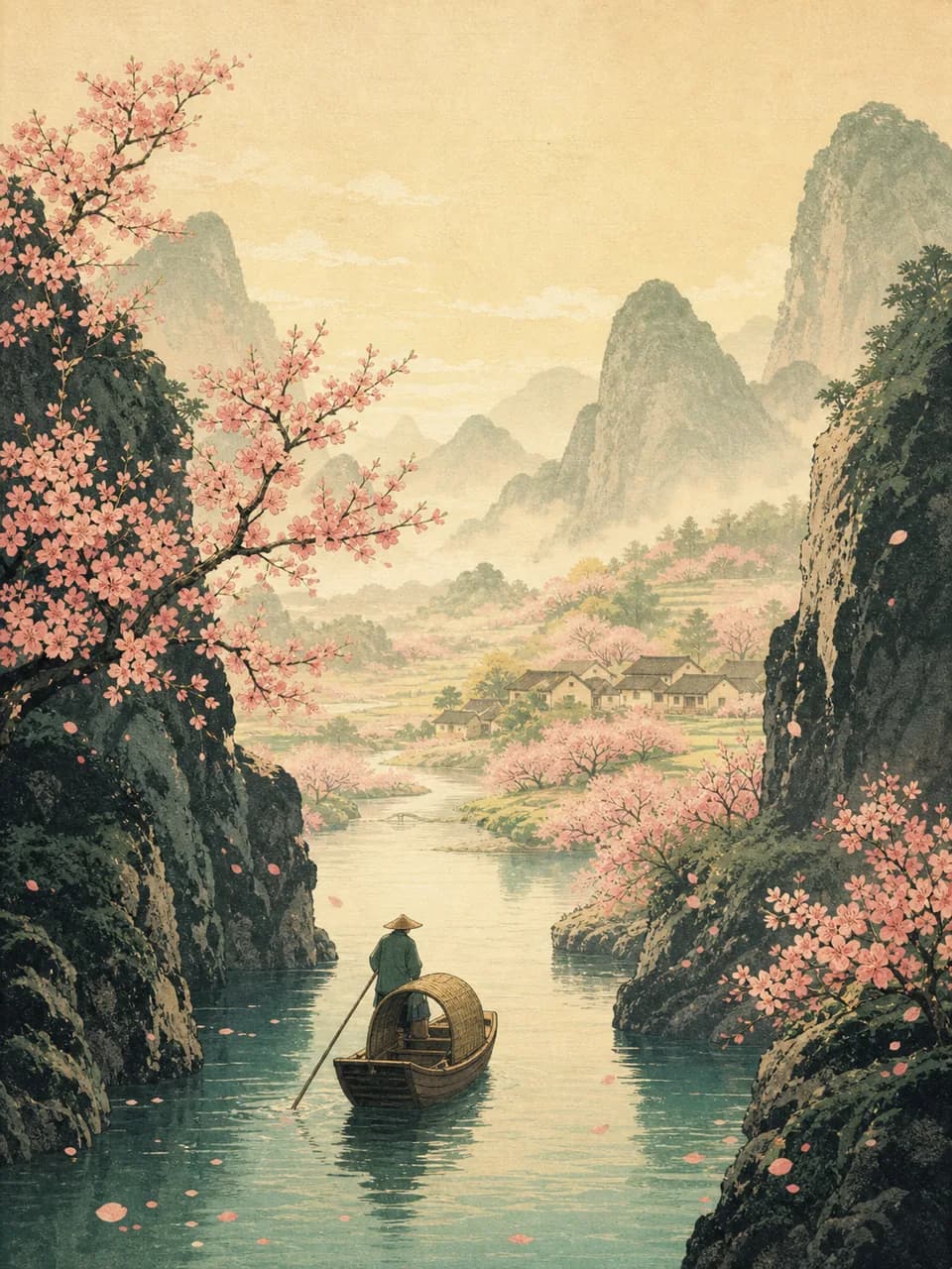 渔舟驶入桃花盛开的隐秘山谷