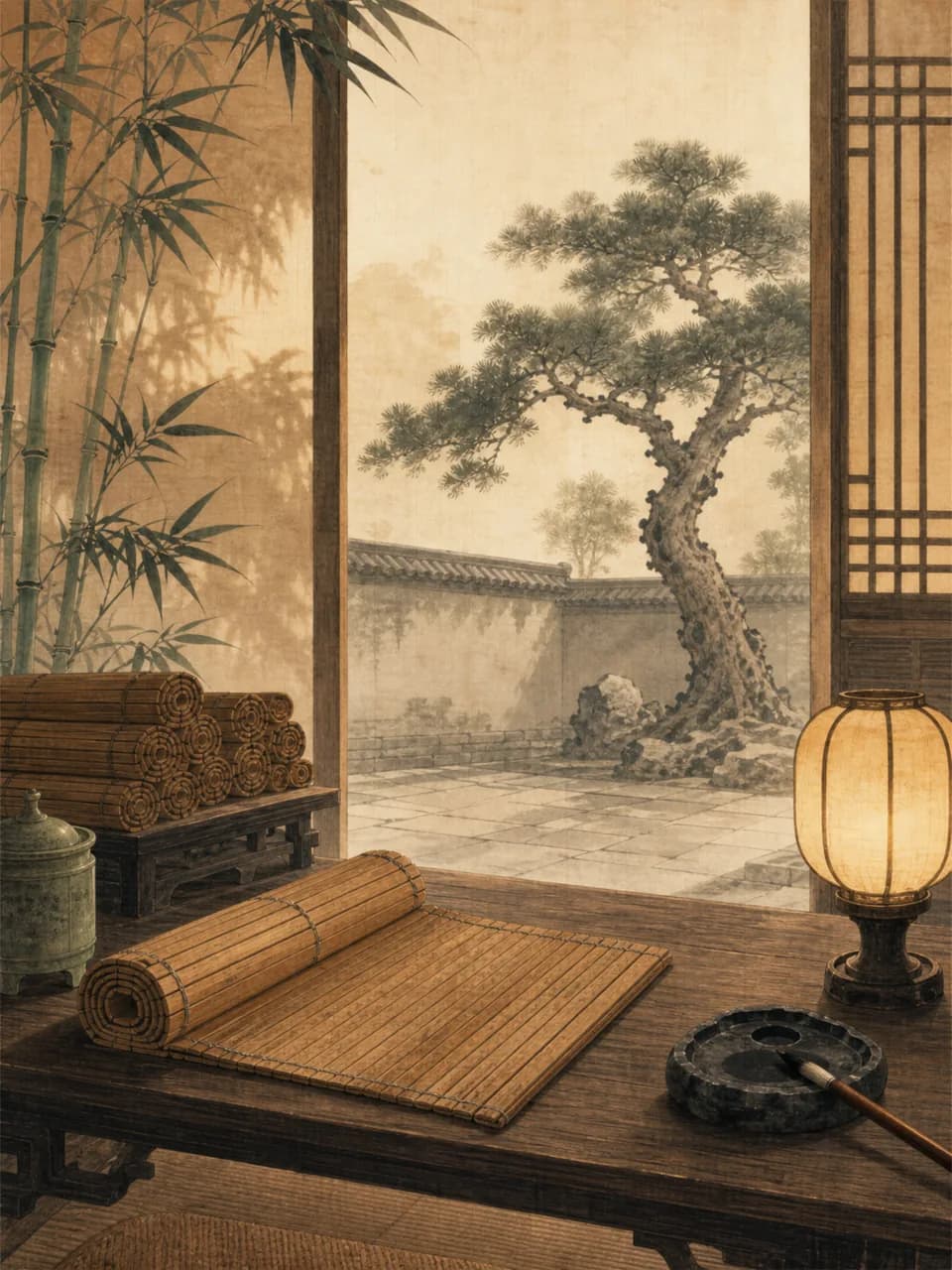 竹简、砚台与晨光中的古代书斋