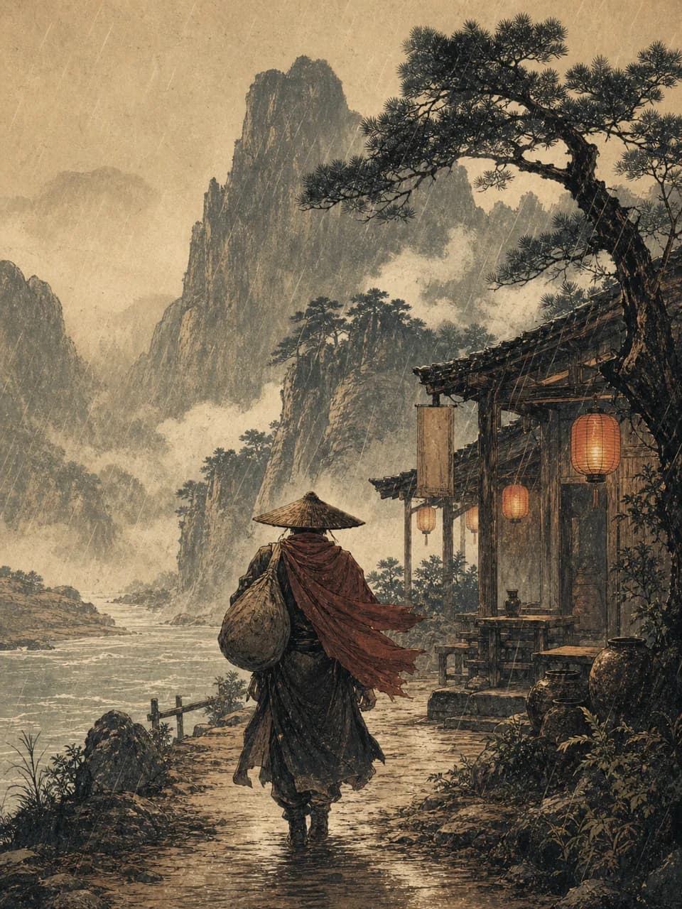 风雨山路上走向客栈的旅人