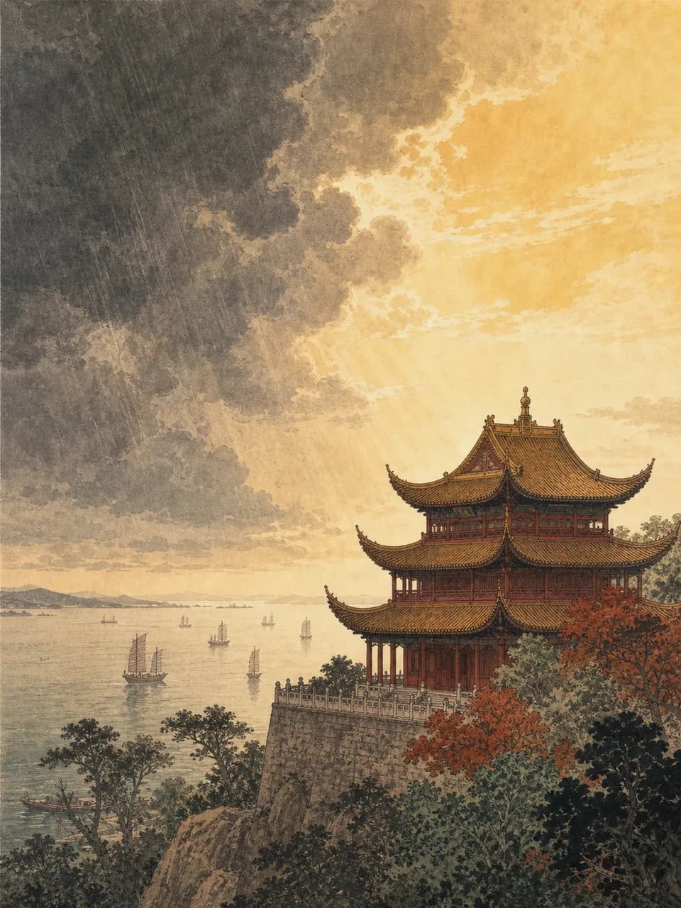 烟波浩渺的洞庭湖与临水而立的岳阳楼